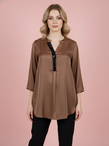 Sequin placket mandarin collar silk blend shirt