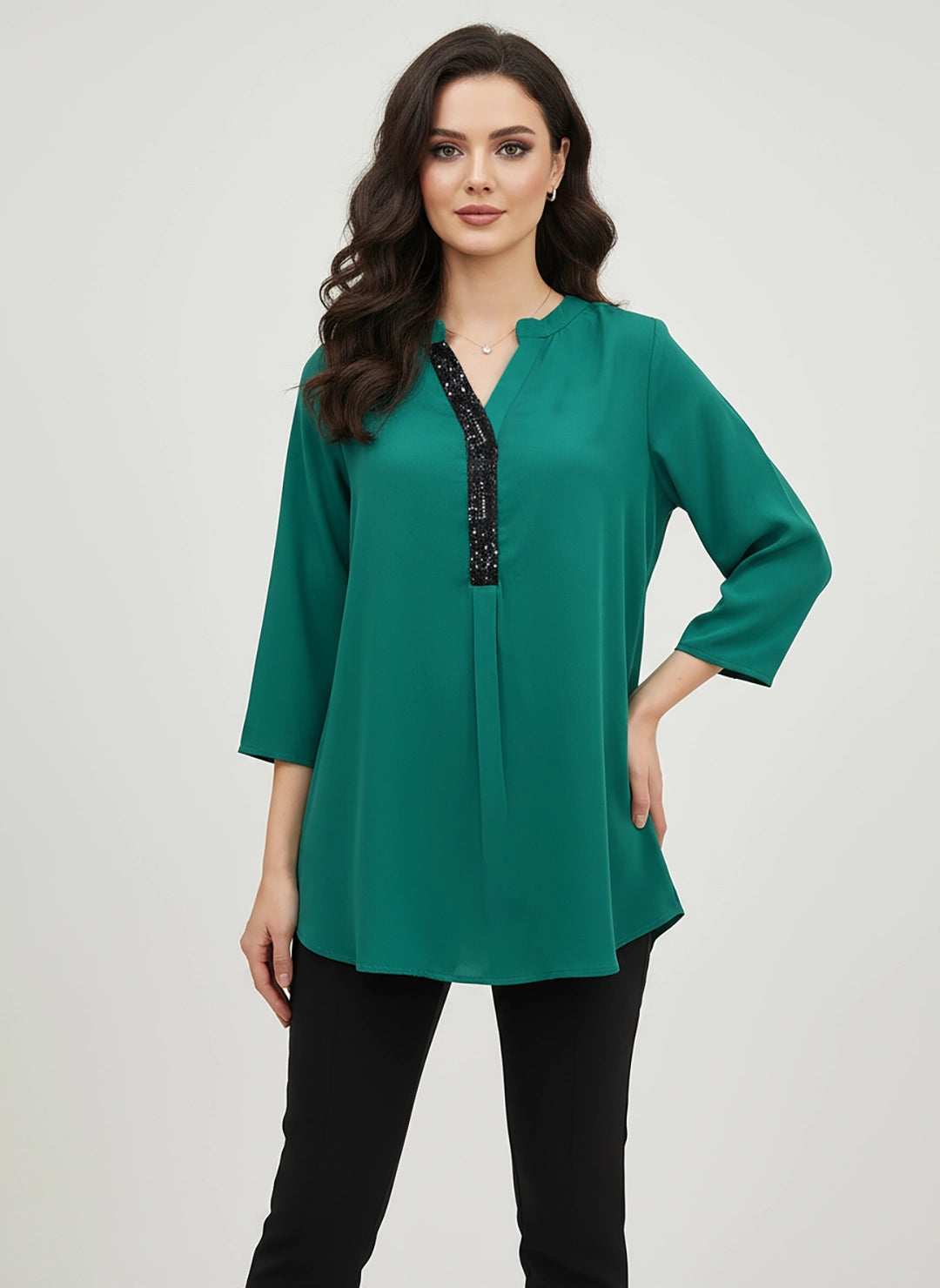 Green satin half placket shirt with sequin embellishment