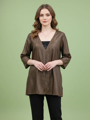 Silk olive A-line top with sequin embellishment