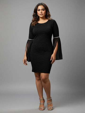Black bodycon dress with embellished bell sleeves