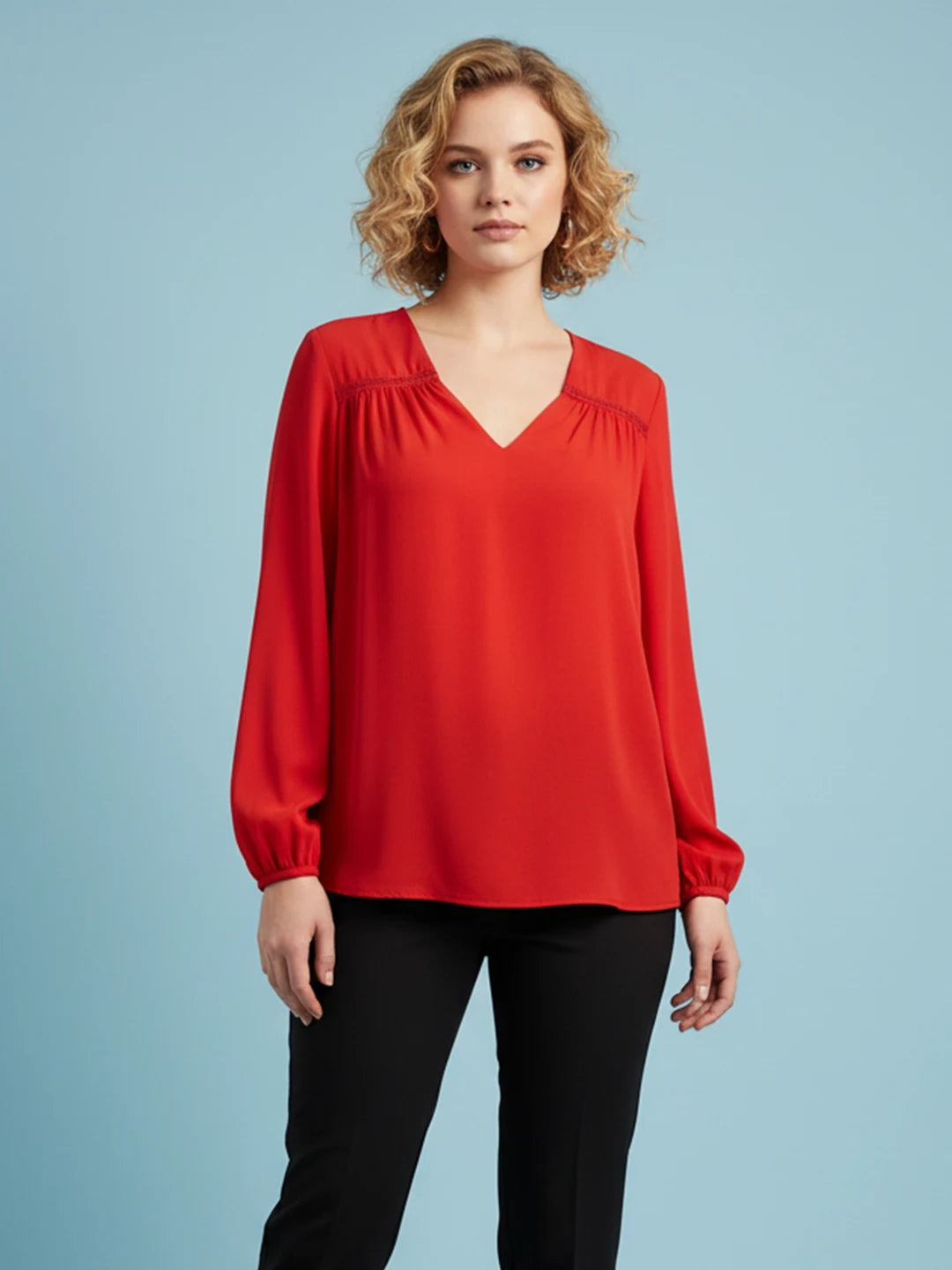 Red silk blend top with lace embellishment