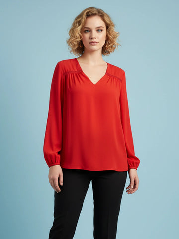 Red silk blend top with lace embellishment