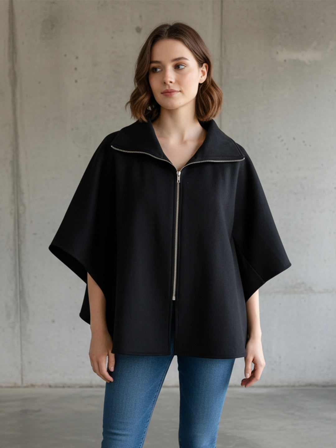 Black front zipper poncho jacket