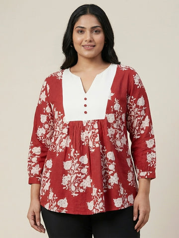 Cotton floral print cuff sleeve top