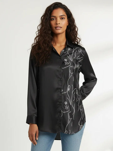 Black abstract print satin shirt