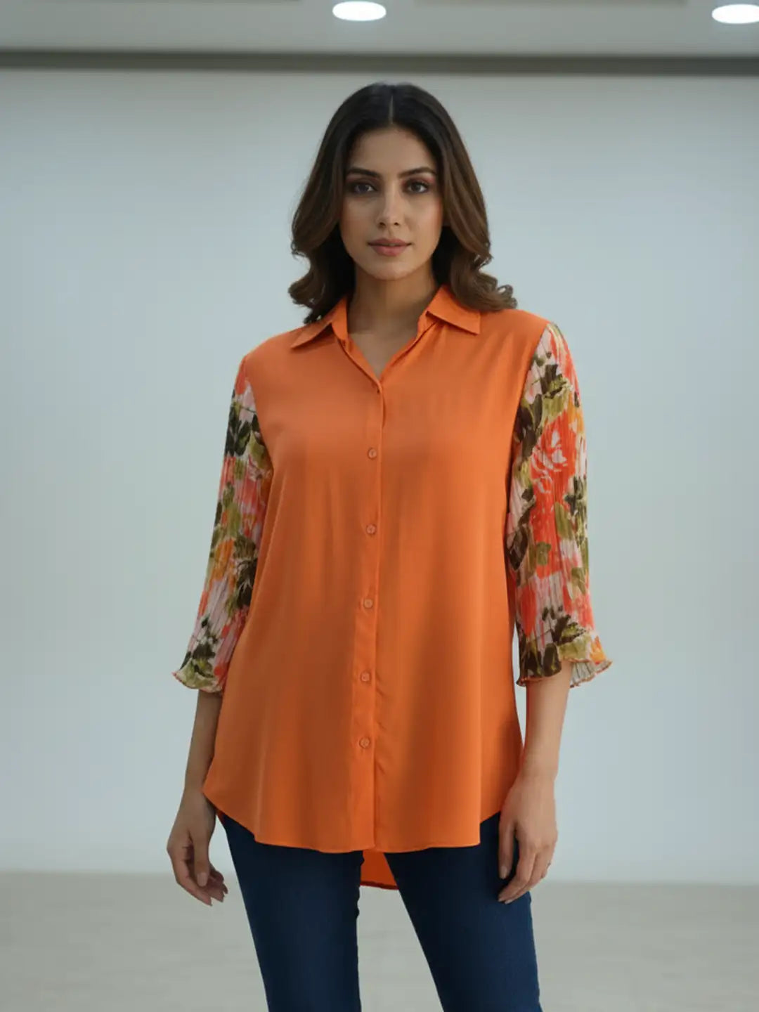 Pleated Floral sleeves silkblend shirt