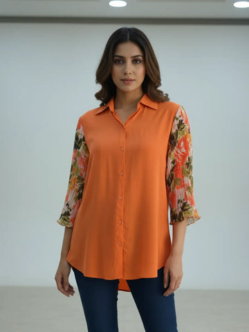 Pleated Floral sleeves silkblend shirt