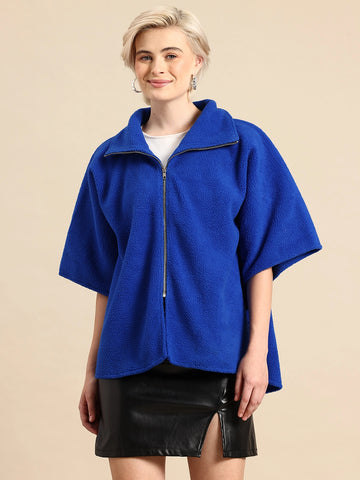 Blue fleece zipper poncho jacket
