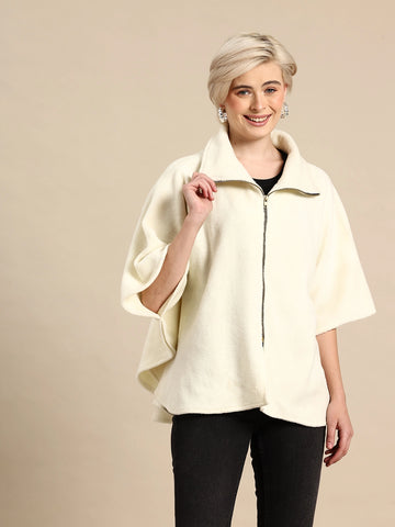 White fleece zipper poncho jacket