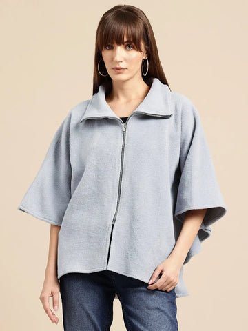 Grey fleece zipper poncho jacket