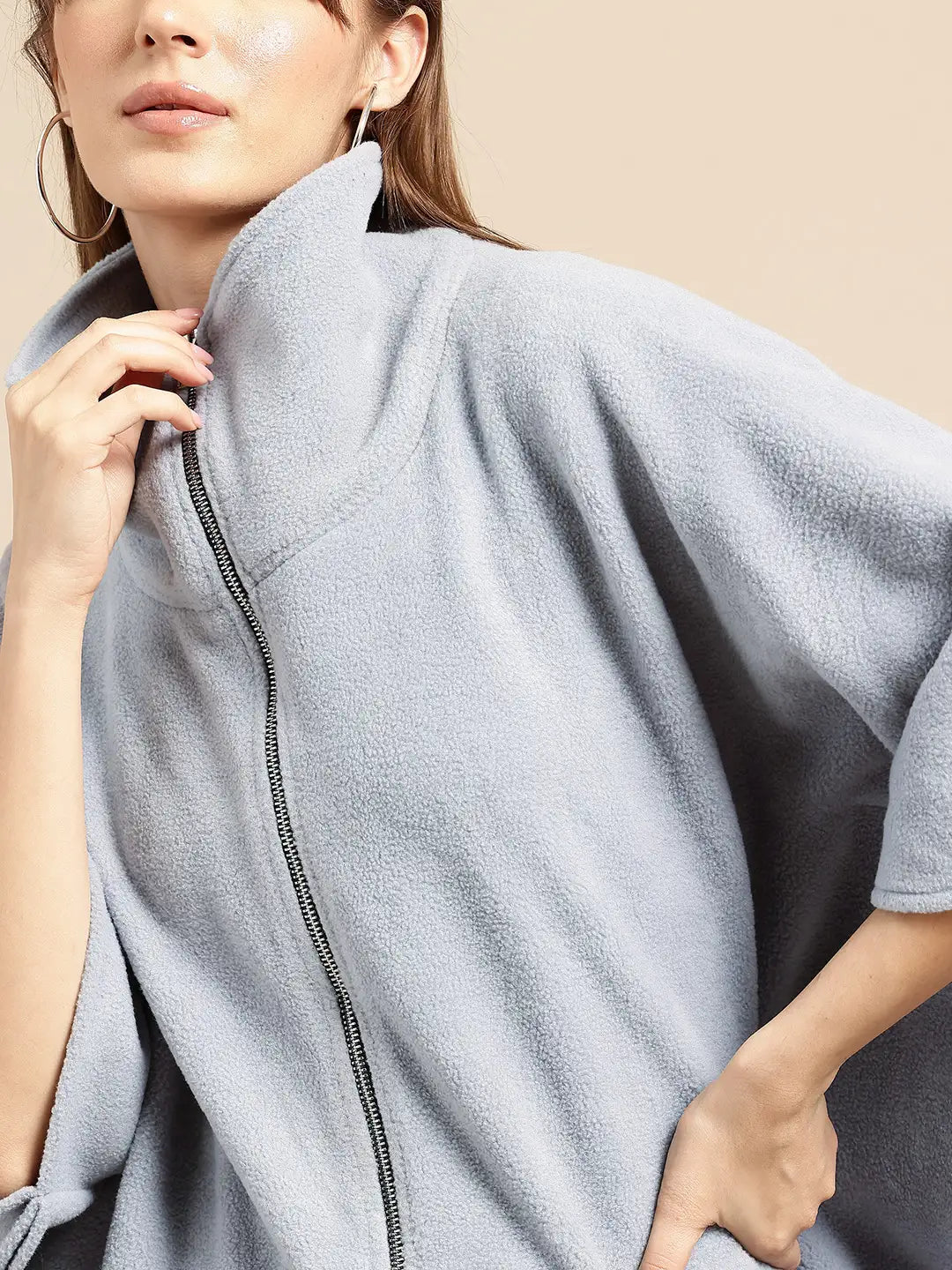 Grey fleece zipper poncho jacket