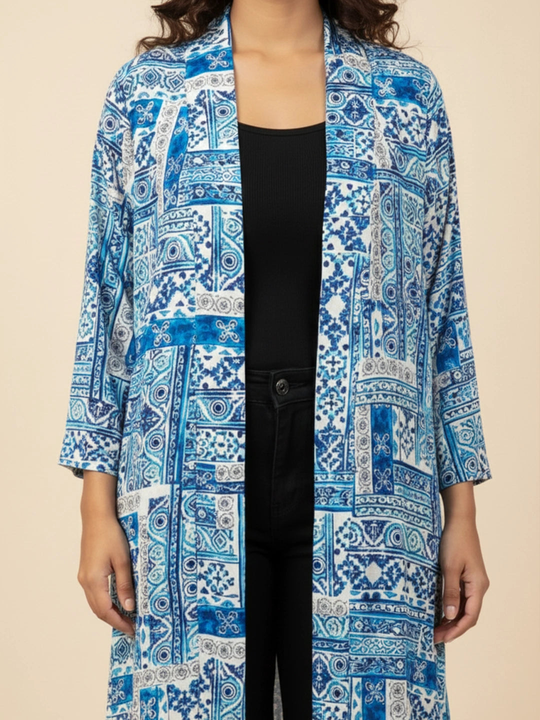 Blue printed long shrug