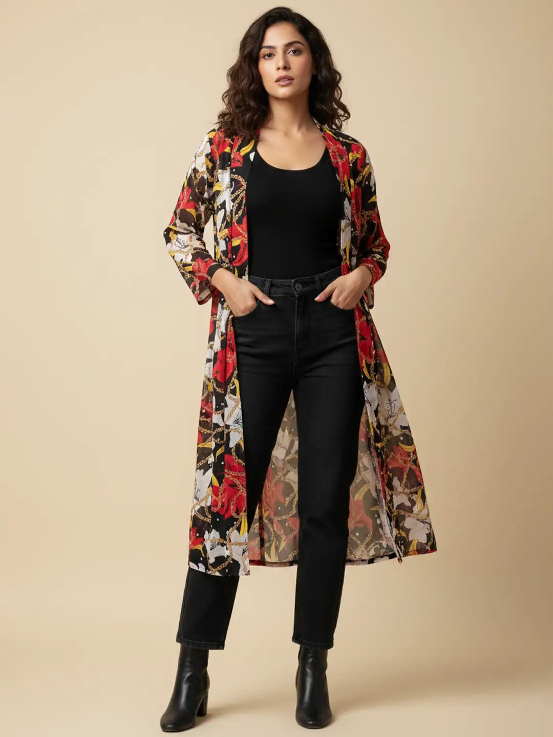 Multi color floral print long shrug