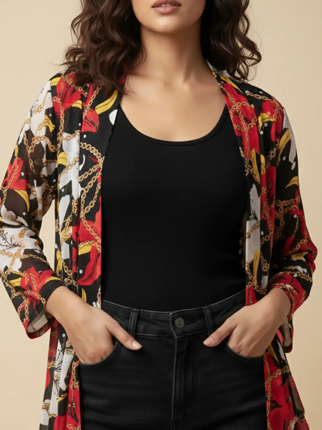 Multi color floral print long shrug