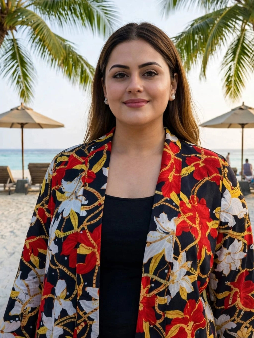 Multi color floral print long shrug