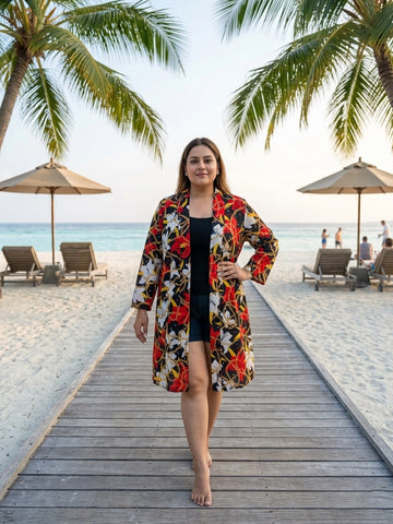 Multi color floral print long shrug