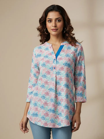Multi color printed mandarin collar shirt