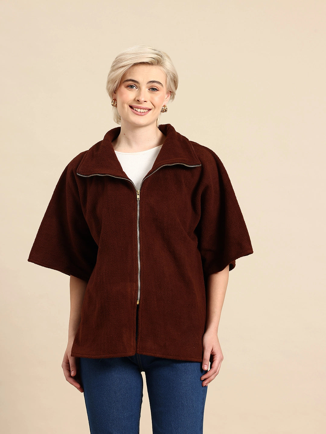 Brown fleece zipper poncho jacket