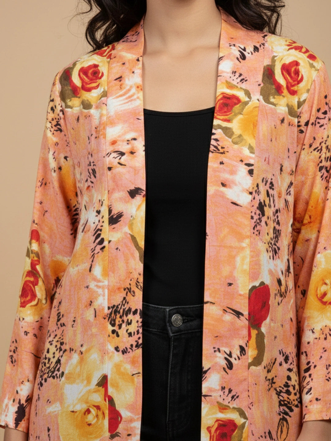 Peach floral crepe long shrug