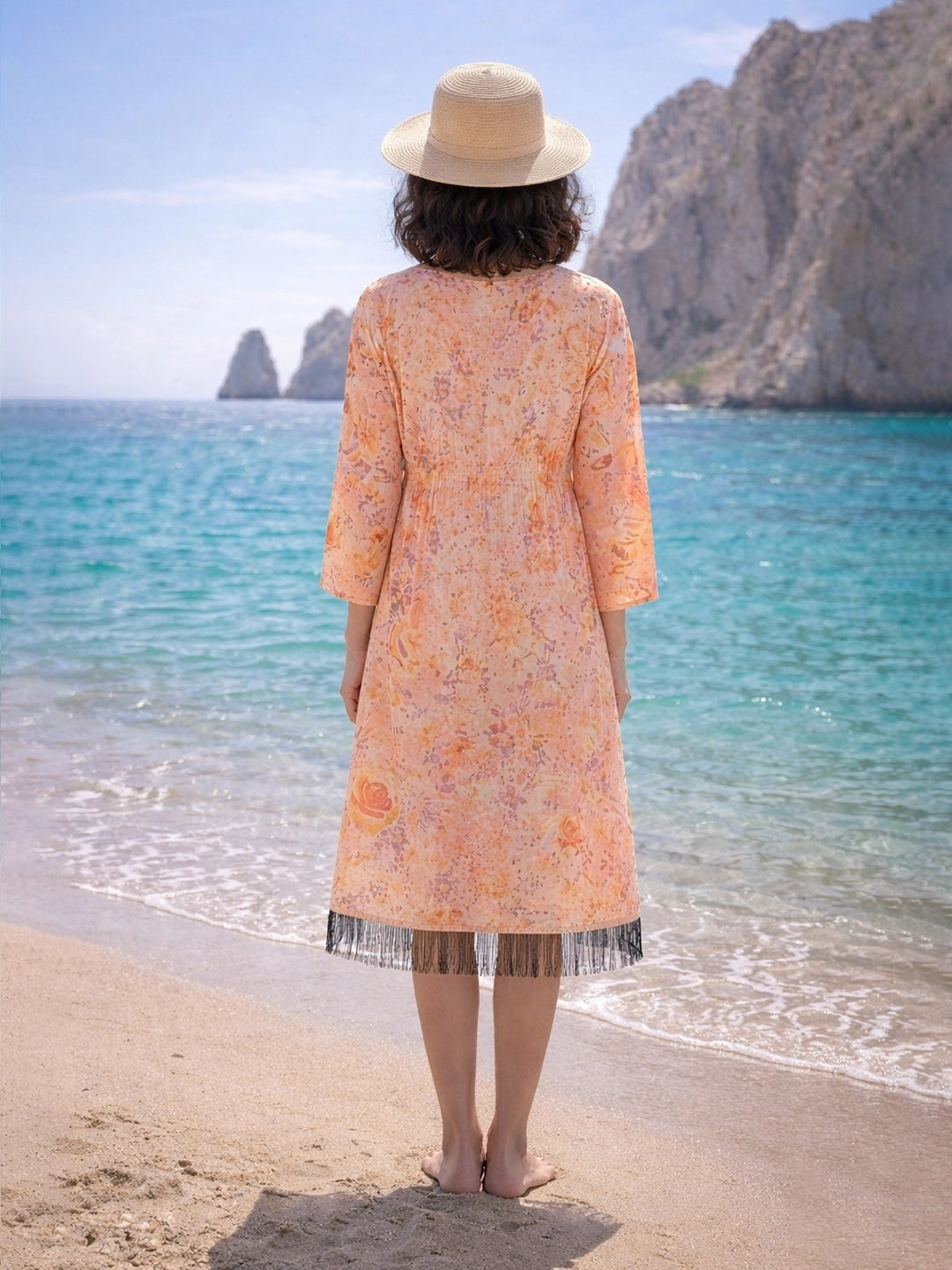 Peach floral crepe long shrug