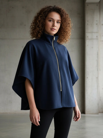 Navy front zipper poncho jacket