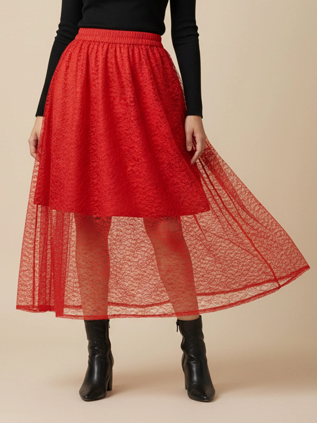 Red floral net long skirt