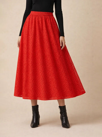 Red floral net long skirt
