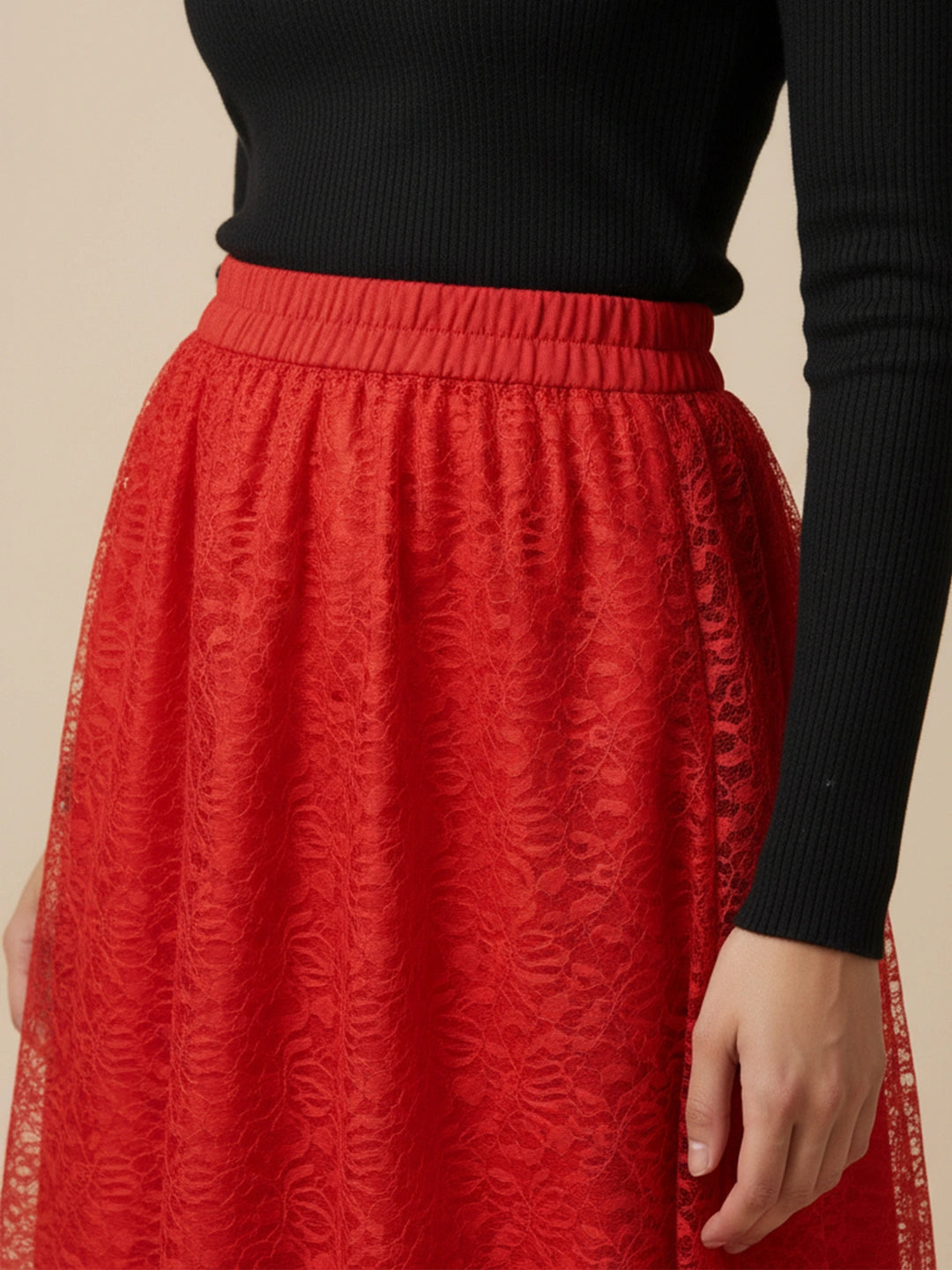 Red floral net long skirt