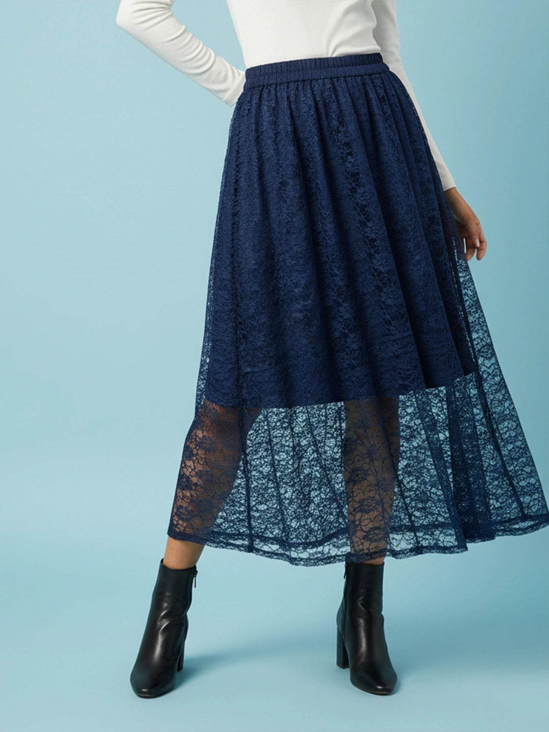 Navy floral net long skirt