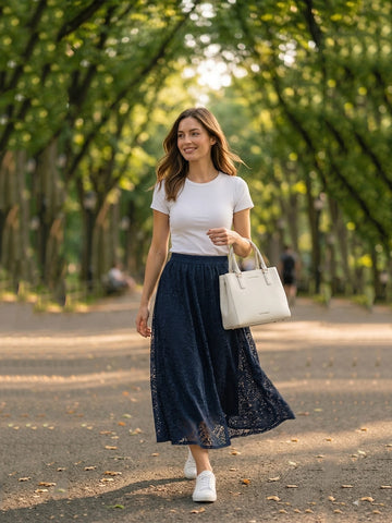 Navy floral net long skirt