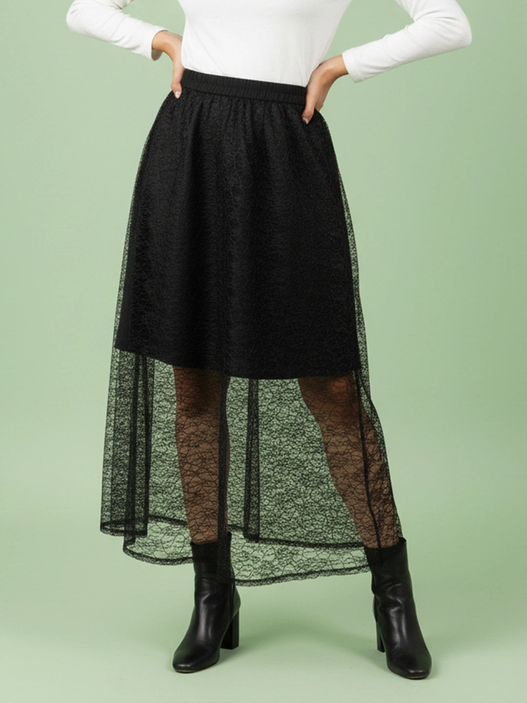 Black floral net long skirt