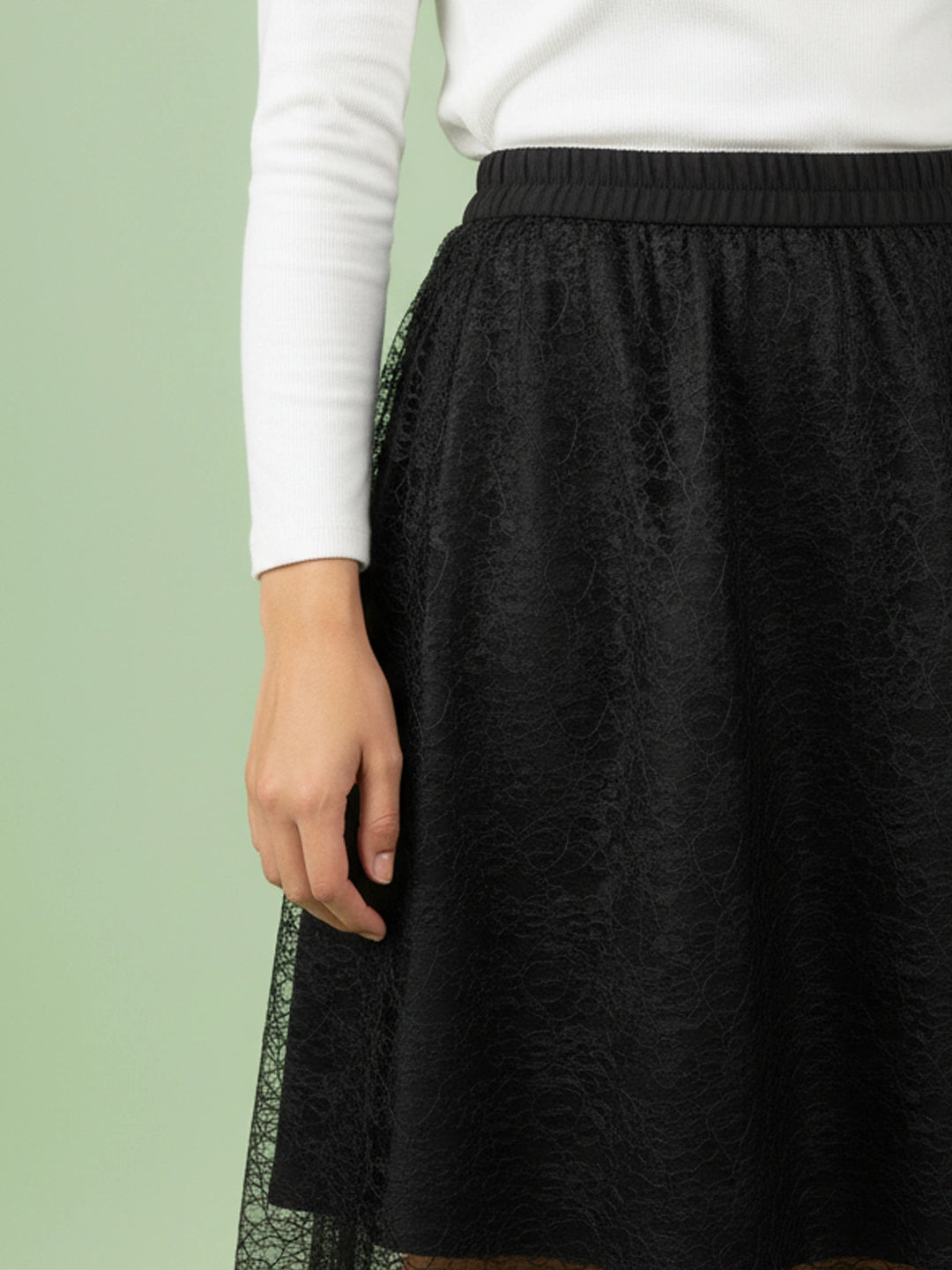 Black floral net long skirt