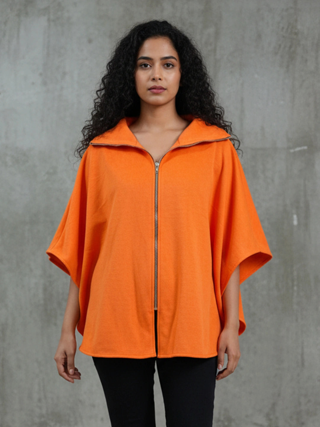 Orange front zipper poncho jacket