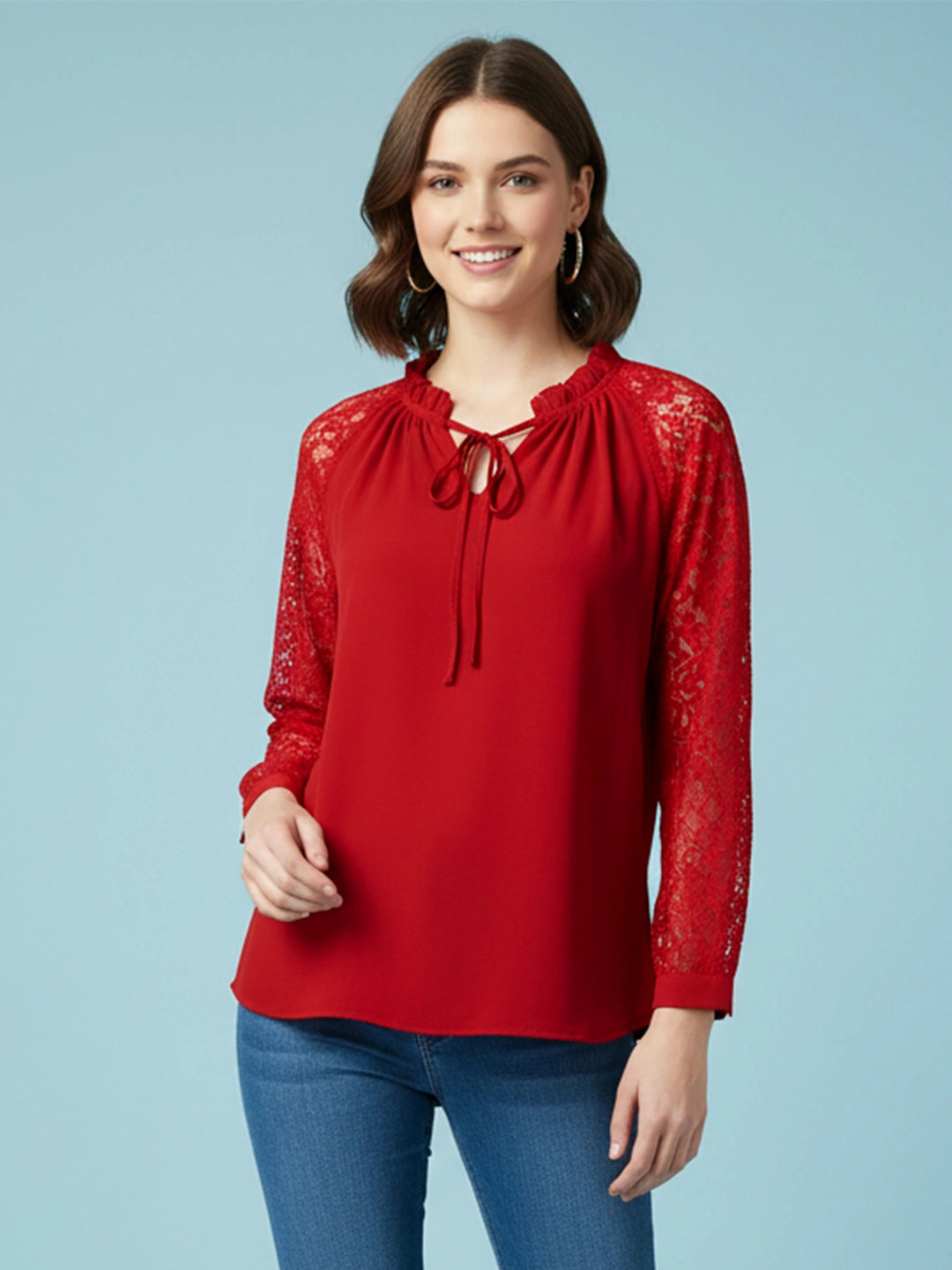 Red tie-up neck top with sheer lace sleeves