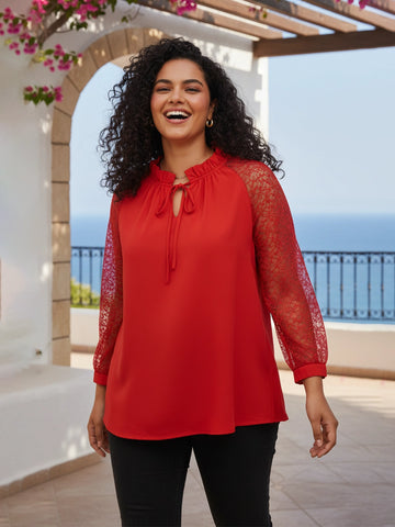 Red tie-up neck top with sheer lace sleeves