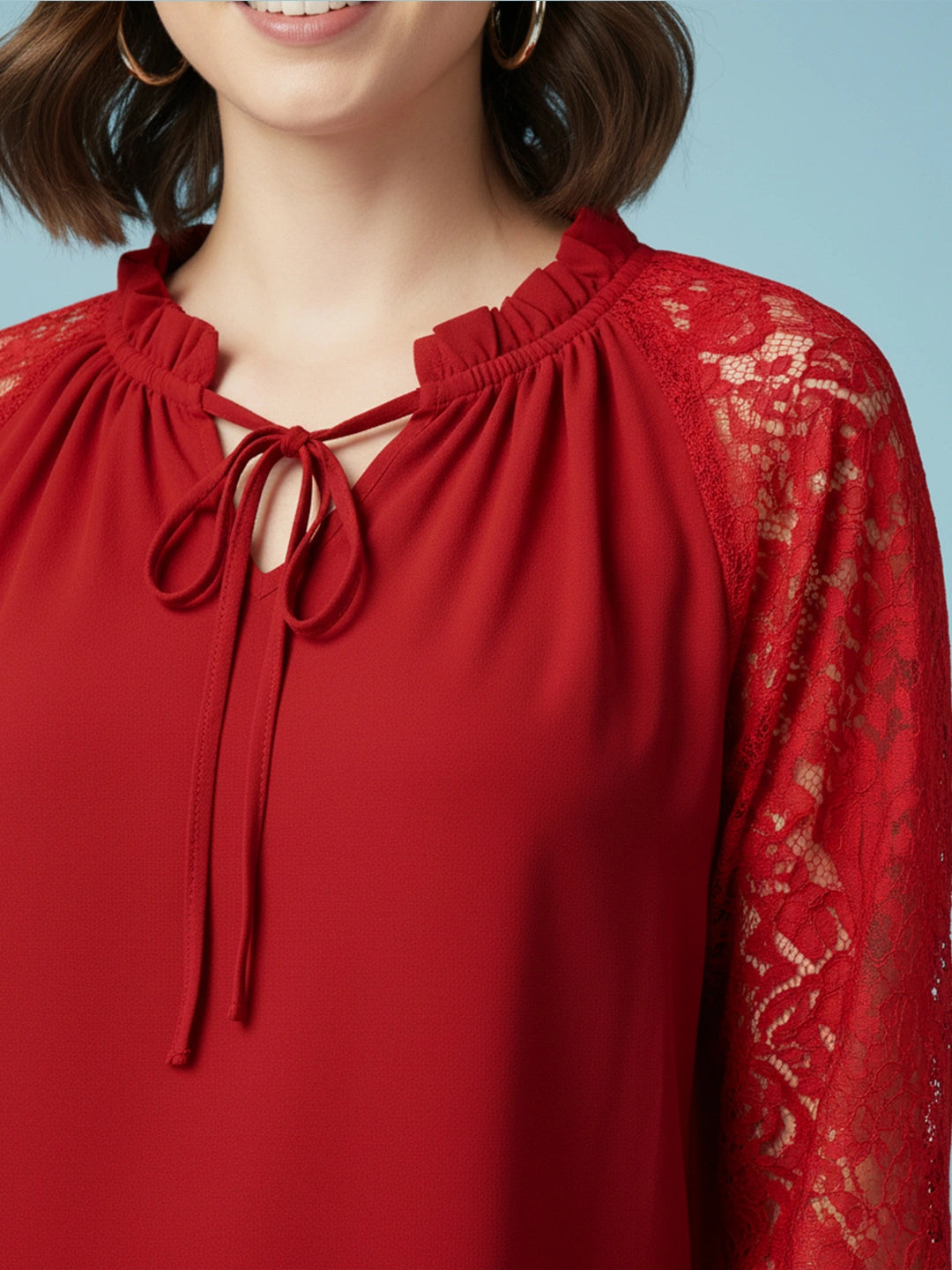 Red tie-up neck top with sheer lace sleeves