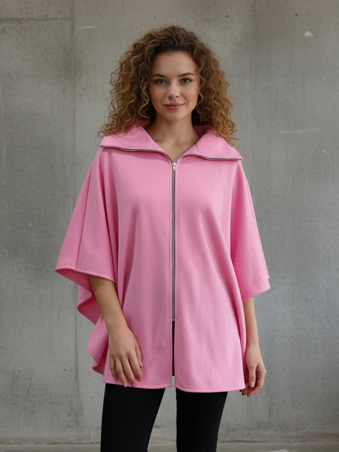 Pink front zipper poncho jacket