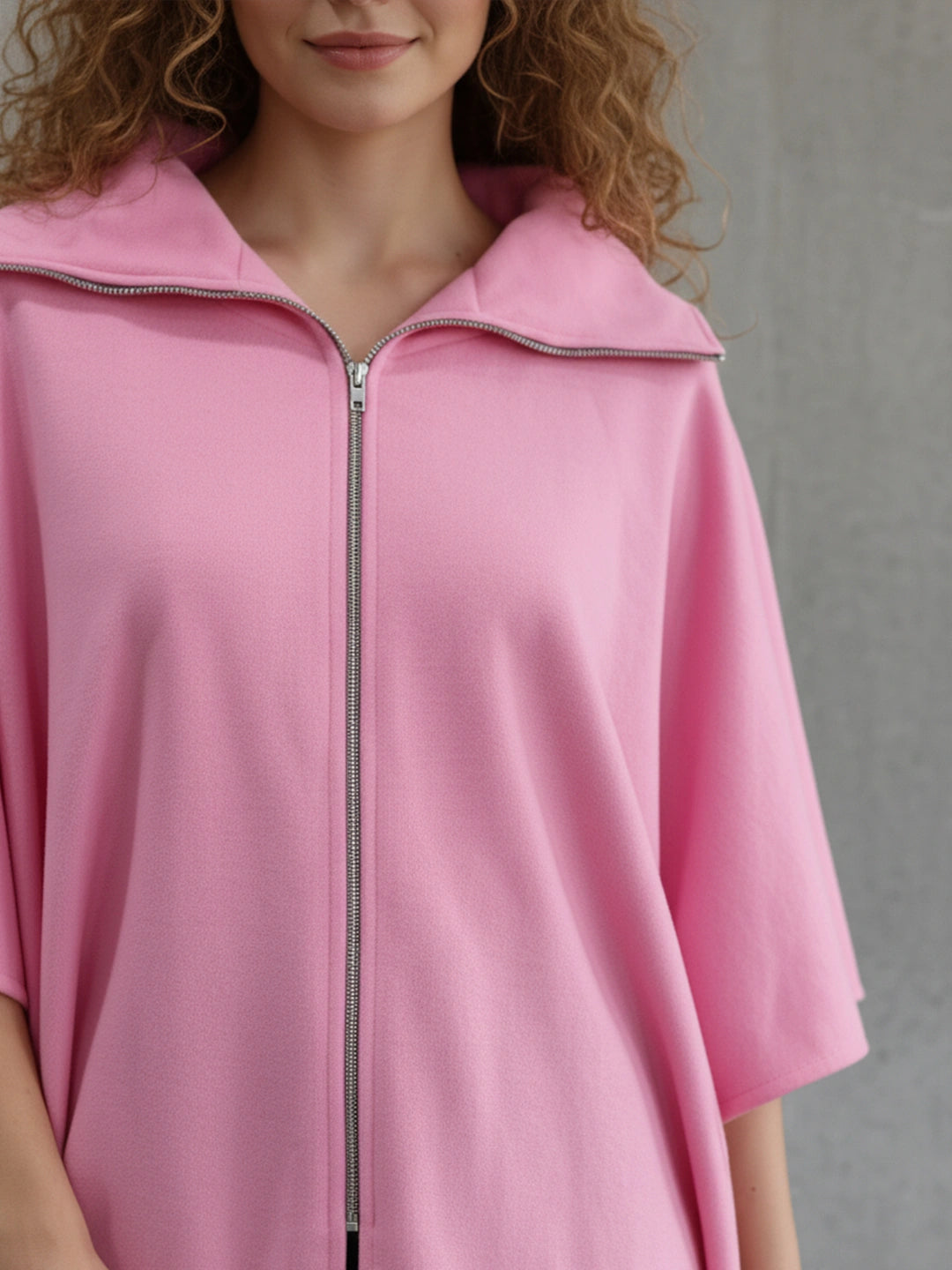 Pink front zipper poncho jacket