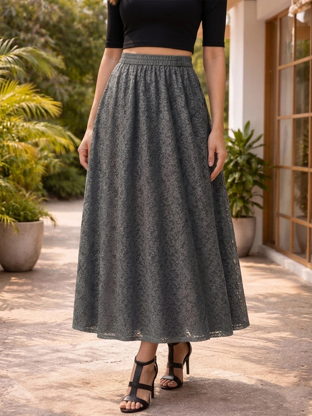 Gray floral net long skirt