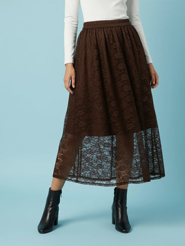 Brown floral net long skirt