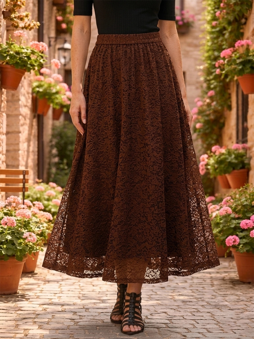 Brown floral net long skirt