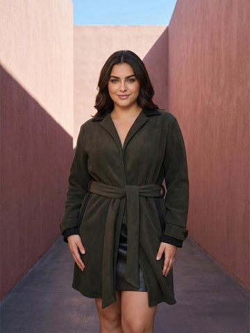 Olive fleece coat with belt