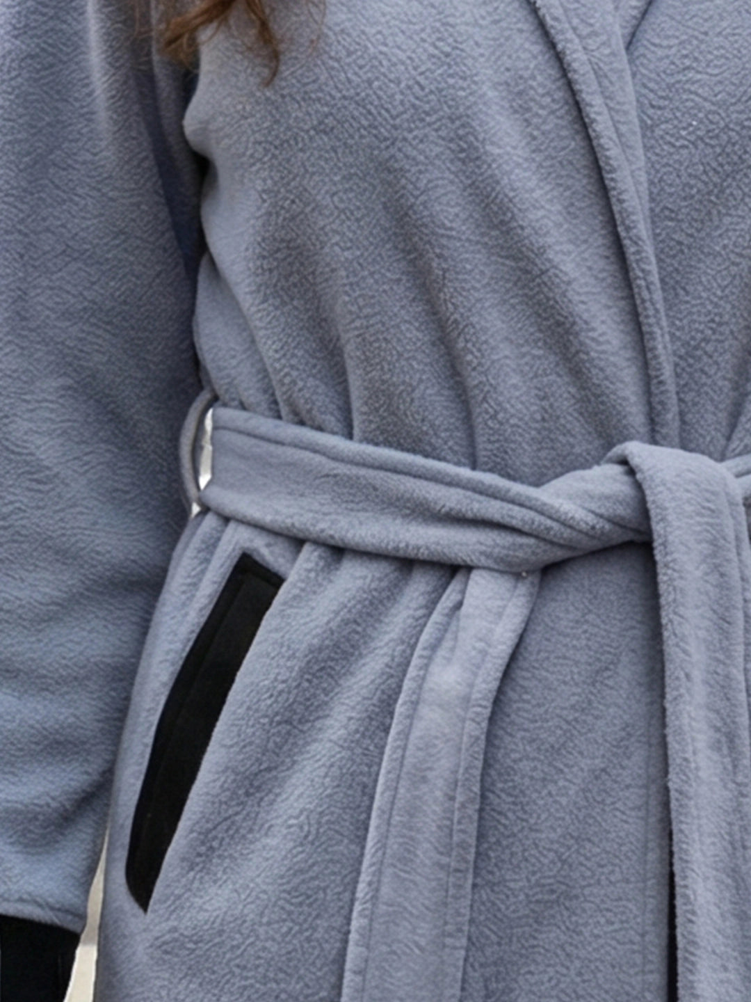 Light gray sherpa fleece coat with belt