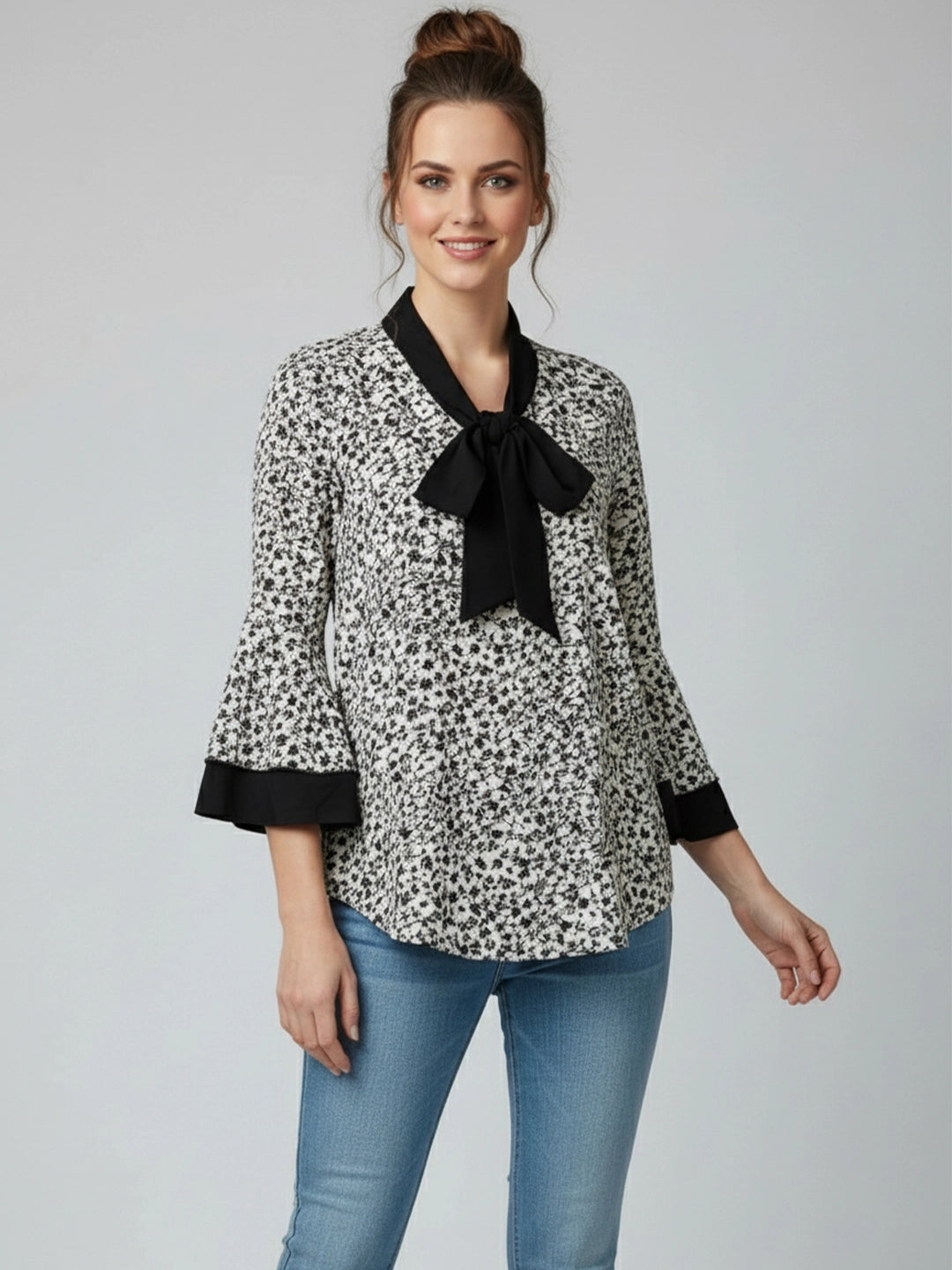 White & black floral bow top
