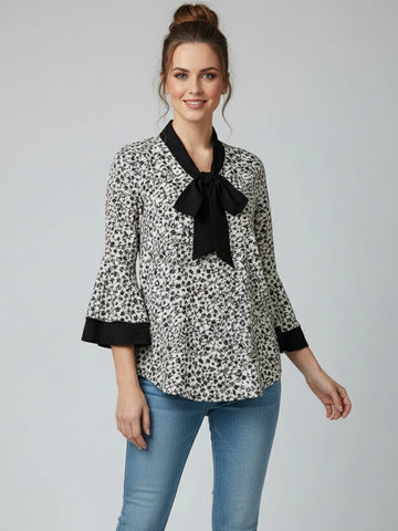 White & black floral bow top