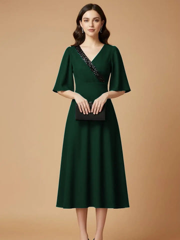 Bottle Green  party  dress with sequins embelishment