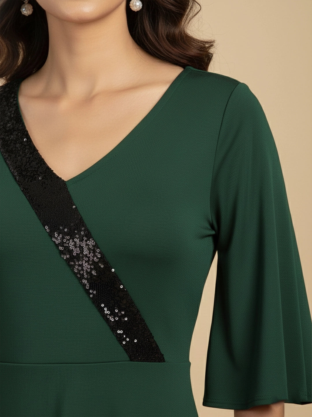 Bottle Green  party  dress with sequins embelishment