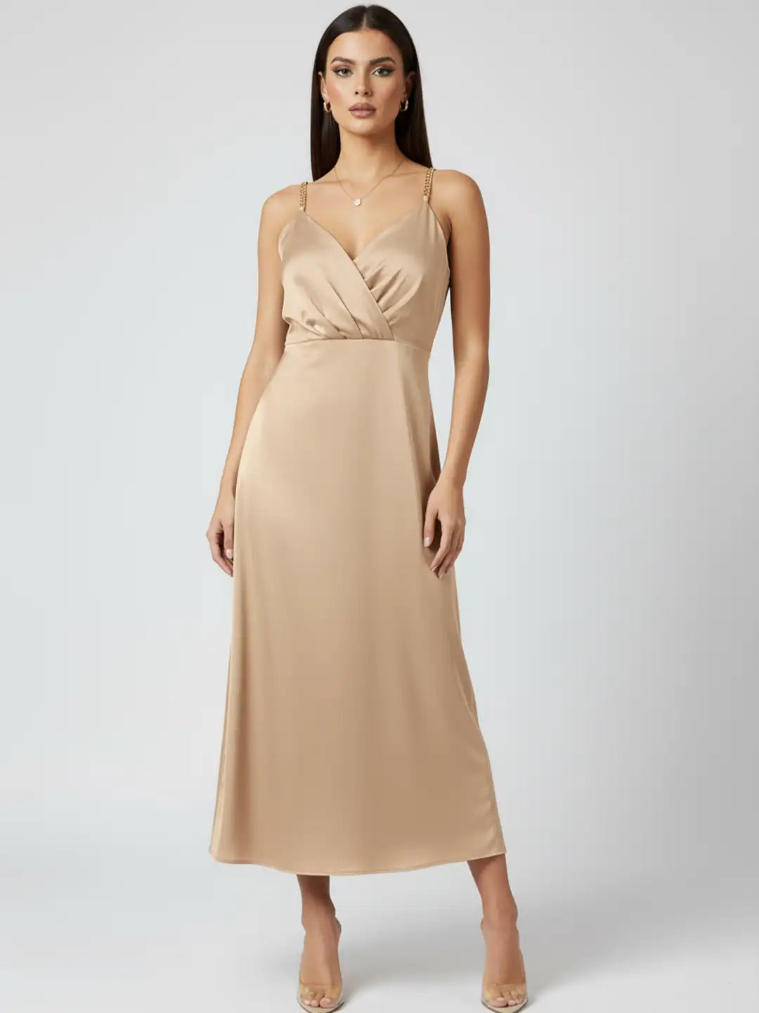 Beige silk blend party midi dress