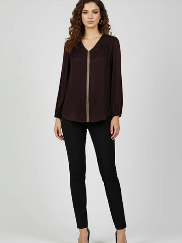 Brown silk blend top with lace embellishment