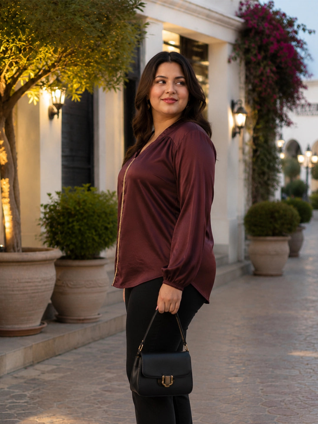 brown french crepe top — back view